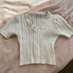 White cropped cable knit short sleeve t-shirt from Korea
